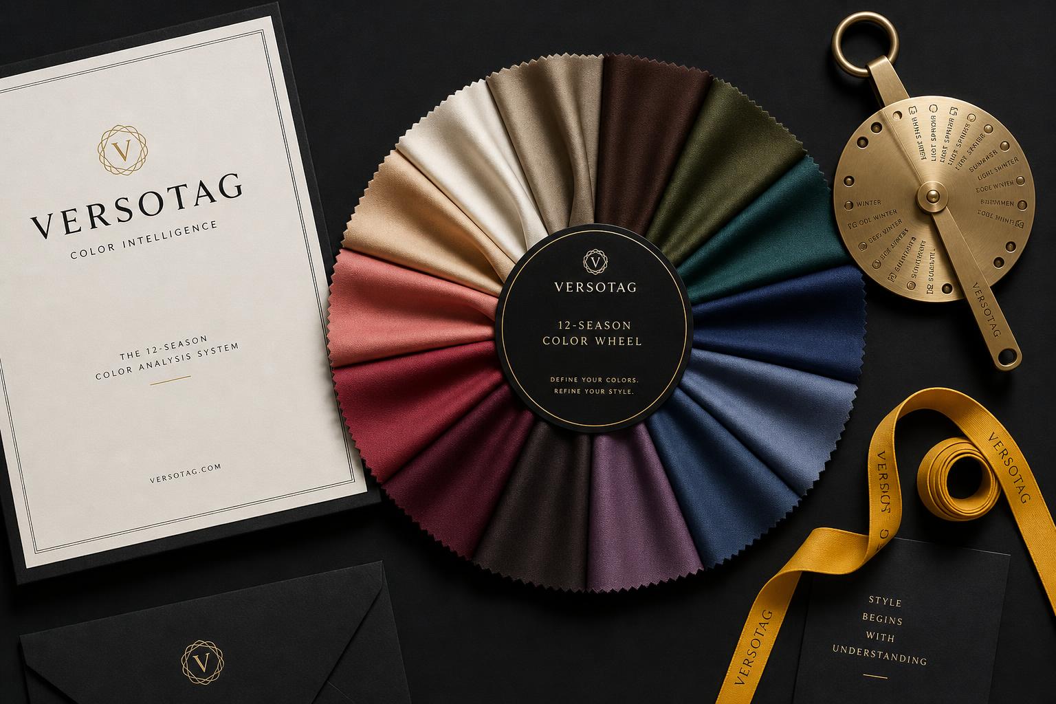 Versotag's 12-season color wheel of silk swatches on a black surface with a brass analysis tool.