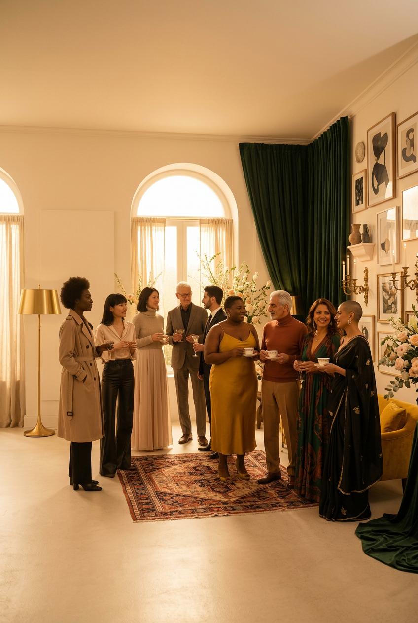 Stylish guests in tailored black and mustard attire mingling with champagne in a curated Versotag-styled living room with brass lamps, an arched window and a yellow velvet armchair.