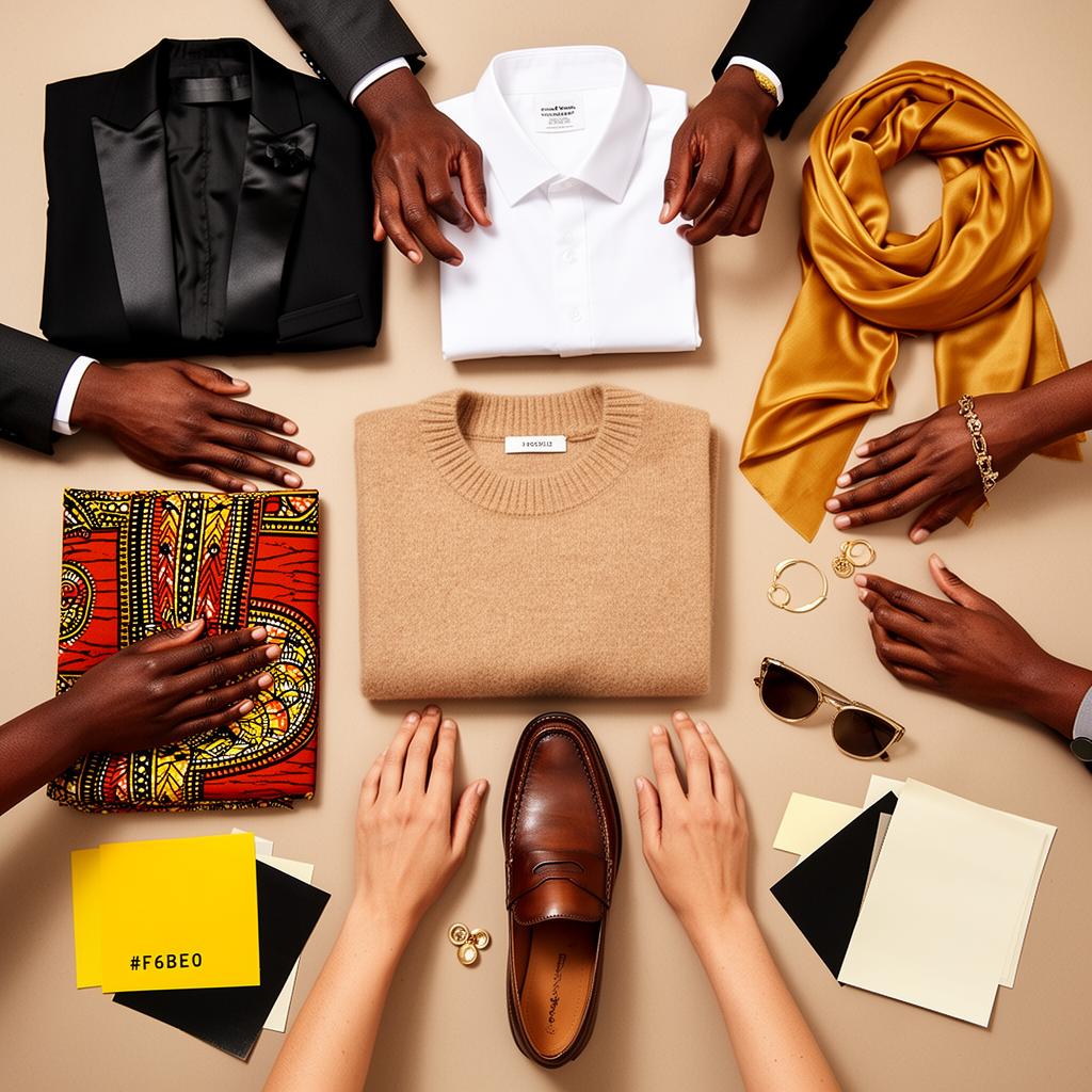 Stylist holding a yellow blazer against a rack of black tailoring.